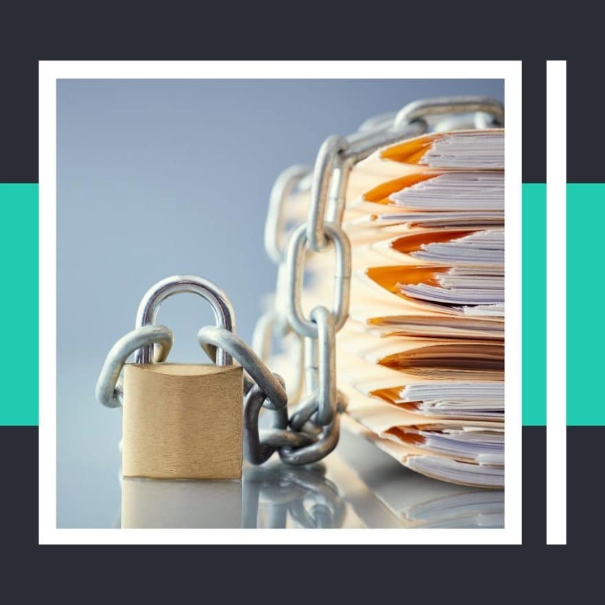 A stack of documents with a chain and padlock, symbolising document security.