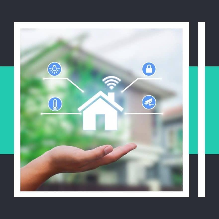 House on a hand surrounded by security icons, representing home security audit