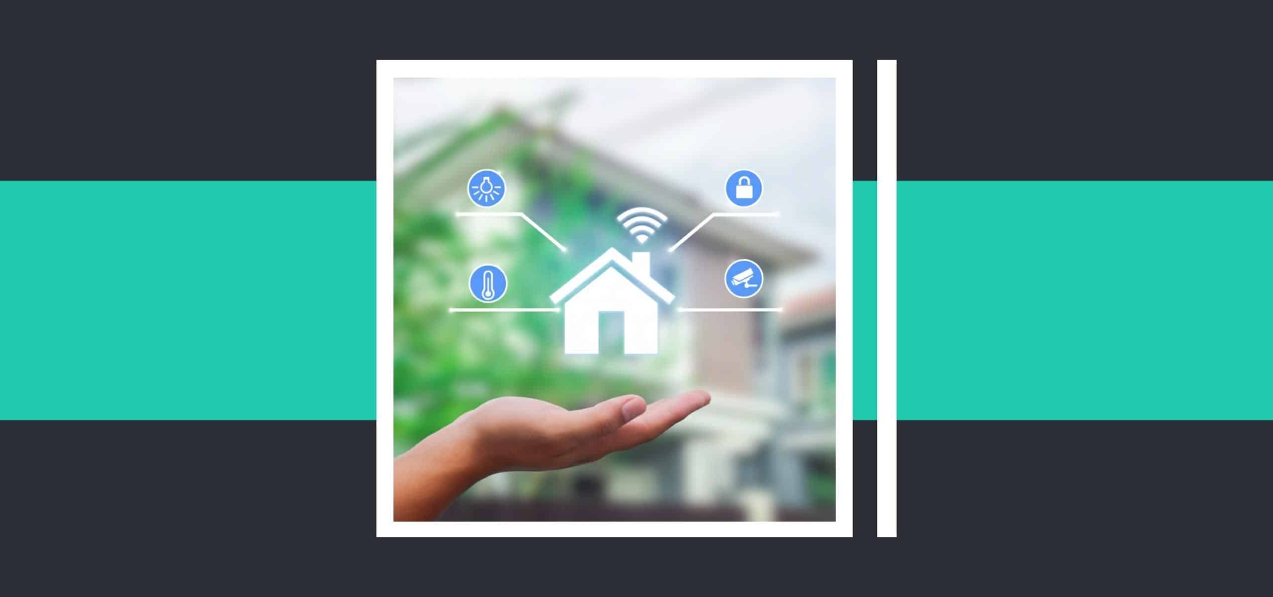 House on a hand surrounded by security icons, representing home security audit