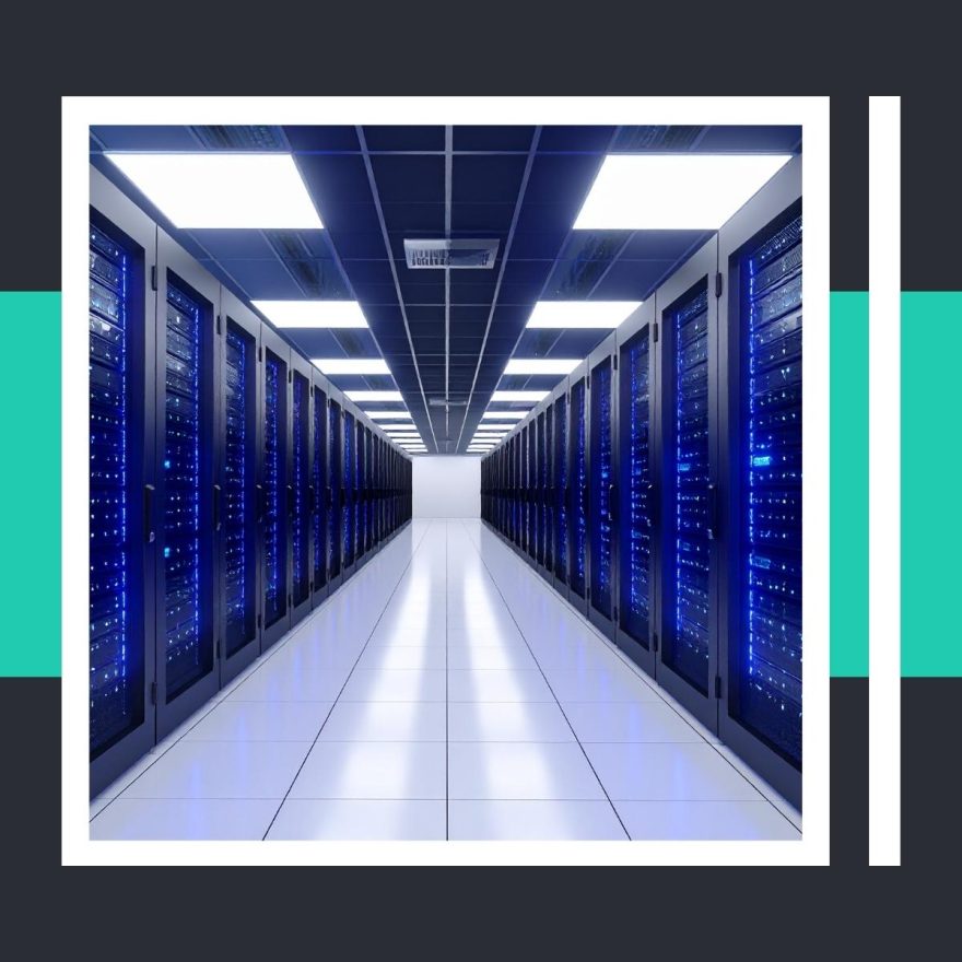 High-security data centre aisle with server racks and controlled lighting.